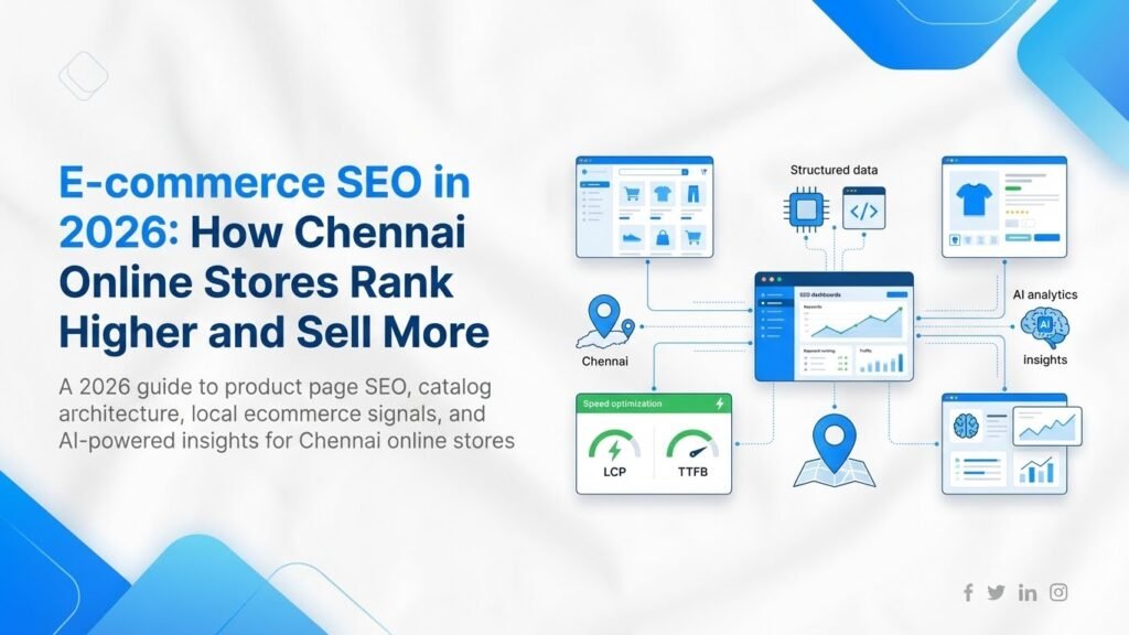 E-commerce SEO in Chennai 2026 – blog header showing online store interfaces, product grids, and digital commerce visuals – NaviGo Tech Solutions, Chennai