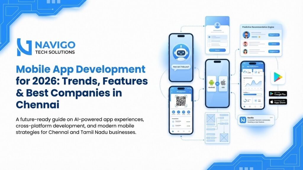 Mobile app development in Chennai 2026 – blog header showing mobile UI screens, AI driven app features, cross platform development visuals, and futuristic interface elements – NaviGo Tech Solutions, Chennai