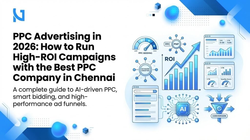 PPC advertising in Chennai 2026 blog header showing AI driven ad dashboards, bidding analytics, keyword targeting visuals, ROI optimization and digital ad performance elements.
