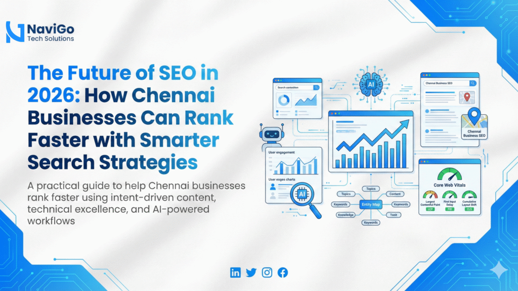 SEO in Chennai 2026 – blog header showing search optimization visuals, modern UI layouts, and AI powered SEO elements – NaviGo Tech Solutions, Chennai