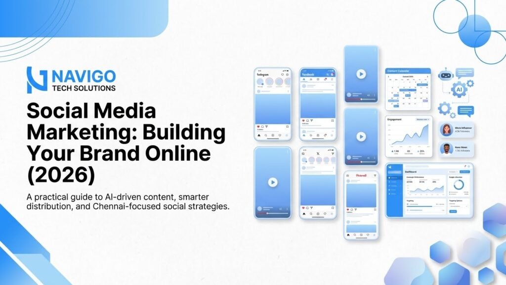 Social Media Marketing: Building Your Brand Online Social media marketing in Chennai 2026 – blog header showing AI powered content tools, engagement analytics, short form video visuals, and multi platform social media icons – NaviGo Tech Solutions, Chennai