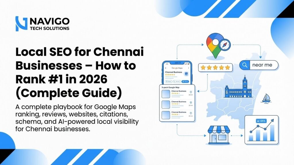 Google Maps business listing India 2025 – blog header showing map pins, local SEO visuals, Google Business Profile dashboard, and verification elements – NaviGo Tech Solutions, Chennai