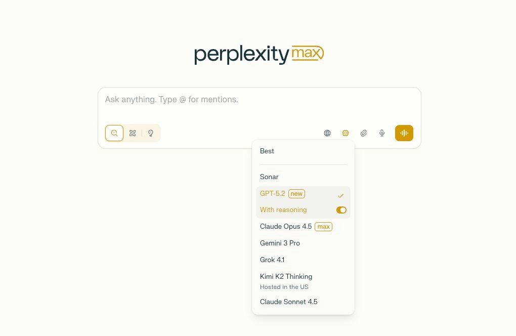 Perplexity Max Interface showing GPT-5.2 Selection