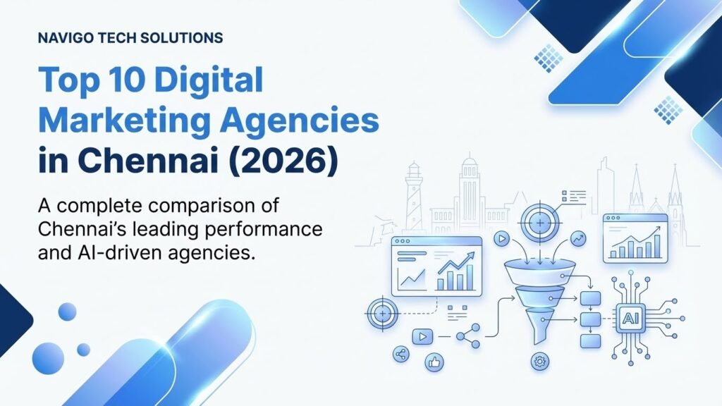 Top 10 digital marketing agencies in Chennai 2026 – blog header showing marketing dashboards, SEO analytics, creative strategy visuals, AI-powered marketing elements and Chennai business growth graphics – NaviGo Tech Solutions, Chennai