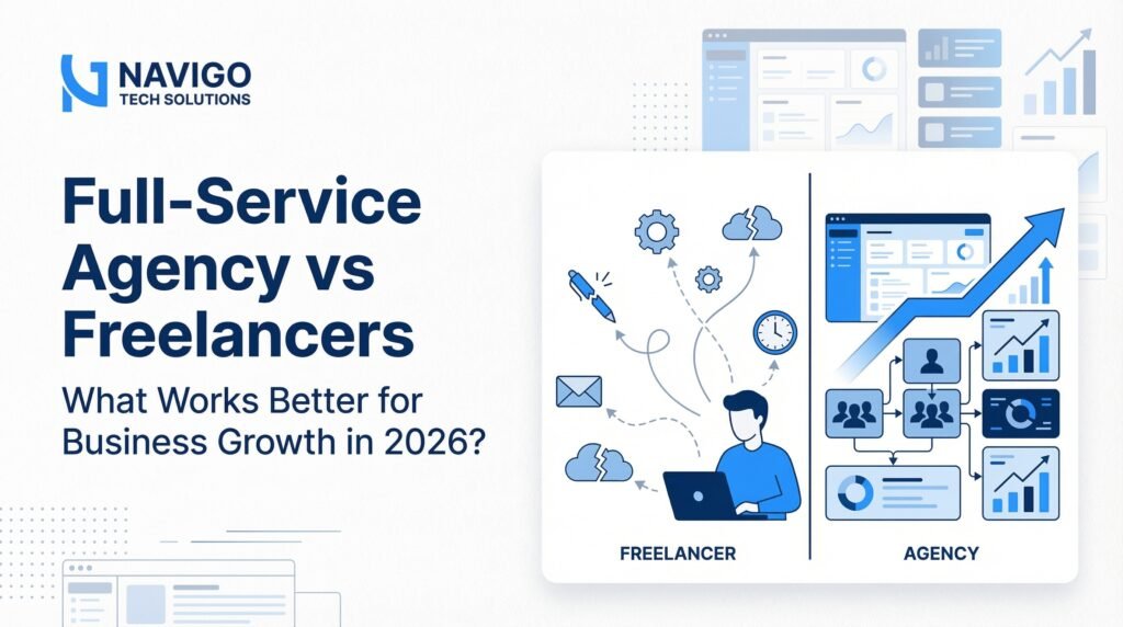 Full service digital marketing agency vs freelancers comparison showing cost analysis, scalability charts, team collaboration workflows, and ROI driven marketing strategy visuals by NaviGo Tech Solutions in 2026.