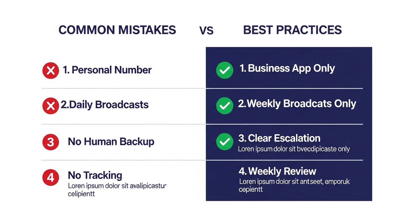 A 2-column comparison grid diagram showing Common Mistakes vs Best Practices. Left column has red X icons and bold red labels: '1. Personal Number', '2. Daily Broadcasts', '3. No Human Backup', '4. No Tracking'. Right column has green checkmark icons and bold green labels: '1. Business App Only', '2. Weekly Broadcasts Only', '3. Clear Escalation', '4. Weekly Review'. Below each label is a very short clean description line. Premium design with deep navy blue headers, spaced text, clean white background.