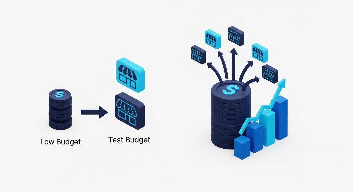 A 3D isometric comparison diagram showing two budget scenarios side by side. On the left, a small coin stack with a single arrow pointing to a store icon, representing a low budget test campaign. On the right, a larger coin stack with multiple arrows pointing to multiple store icons and a rising bar chart, representing a higher budget growth campaign. All in deep navy blue and bright blue tones on a clean white background. No text, no labels, no words, no hex codes.