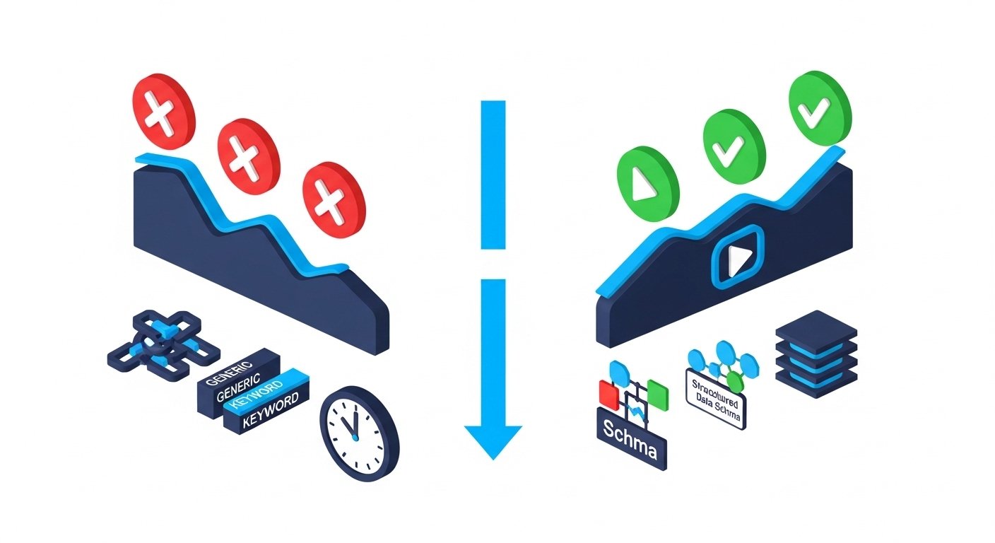 A 3D isometric diagram split into two halves by a vertical bright blue arrow. On the left side, three red X icons sit above a downward sloping graph line. The Xs are paired with symbols representing old SEO tactics: a pile of backlinks, a generic keyword block, and a slow loading clock. On the right side, three green checkmark icons sit above an upward sloping graph line. The checkmarks are paired with: a video play icon, a structured data schema box, and a layered content cluster icon. All shapes are in deep navy blue and bright blue on a clean white background. No text, no labels, no words, no hex codes.