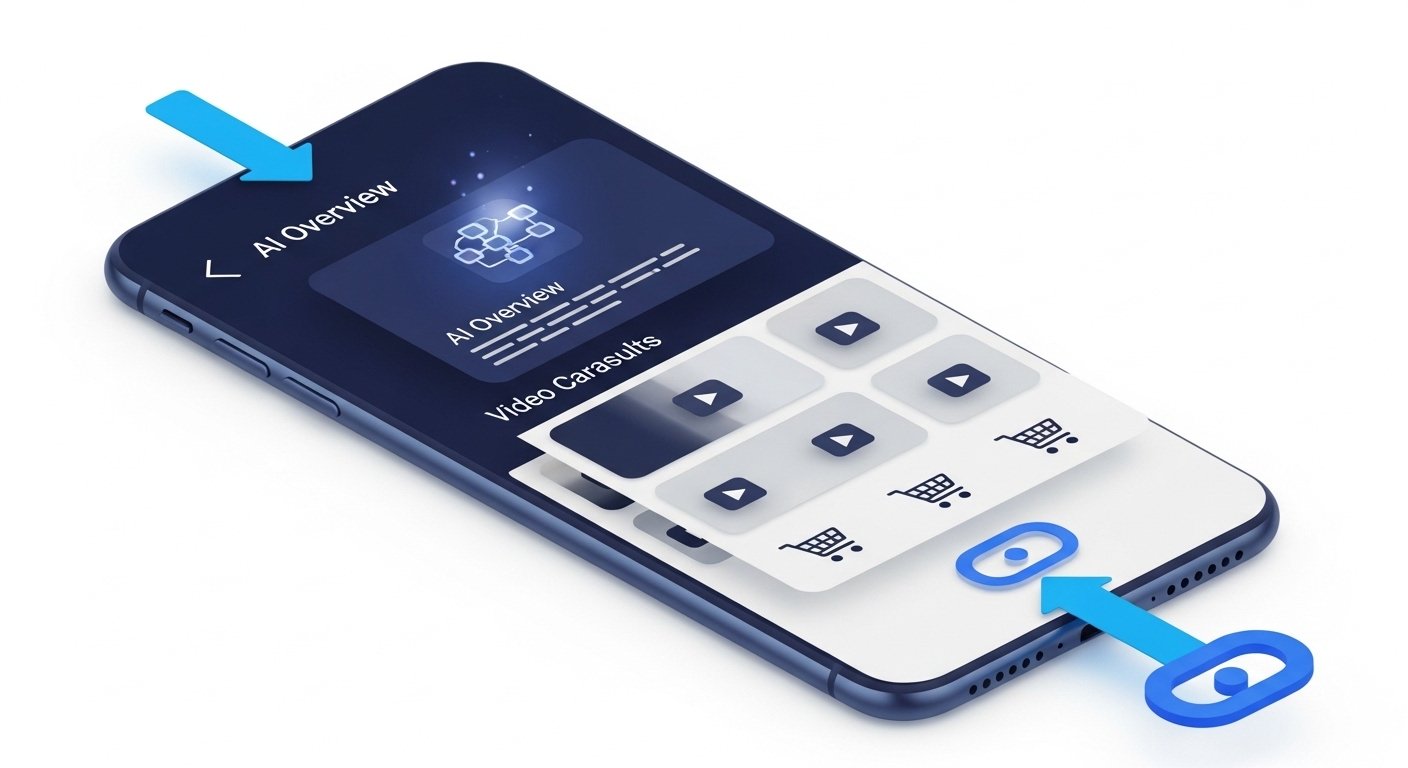 A 3D isometric illustration showing a smartphone screen with search results panel. The top section shows an AI overview box with a glowing node icon, below that a video carousel with play button icons, then a shopping unit with cart icons, and only at the very bottom a traditional blue link icon. A downward arrow in bright blue connects each layer to show how far the user must scroll. The background is clean white, colour palette is deep navy blue and bright blue. No text, no labels, no words, no hex codes.
