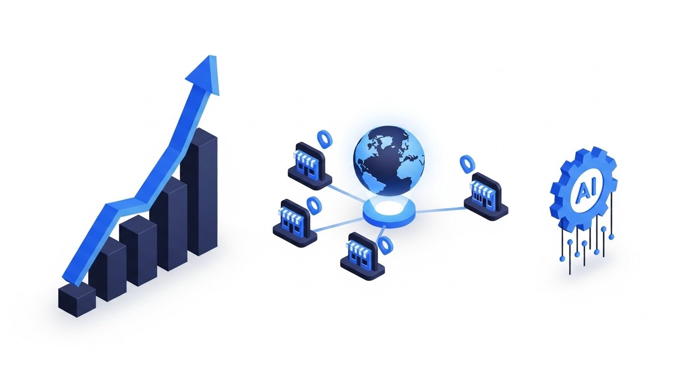 A 3D isometric illustration showing why Google Ads matters in 2026 — an upward arrow chart growing steeply on the left, a glowing globe node connected to several small store icons representing local reach, and a gear icon representing AI automation on the right. All icons in deep navy blue and bright blue tones on a clean white background. No text, no labels, no words, no hex codes.