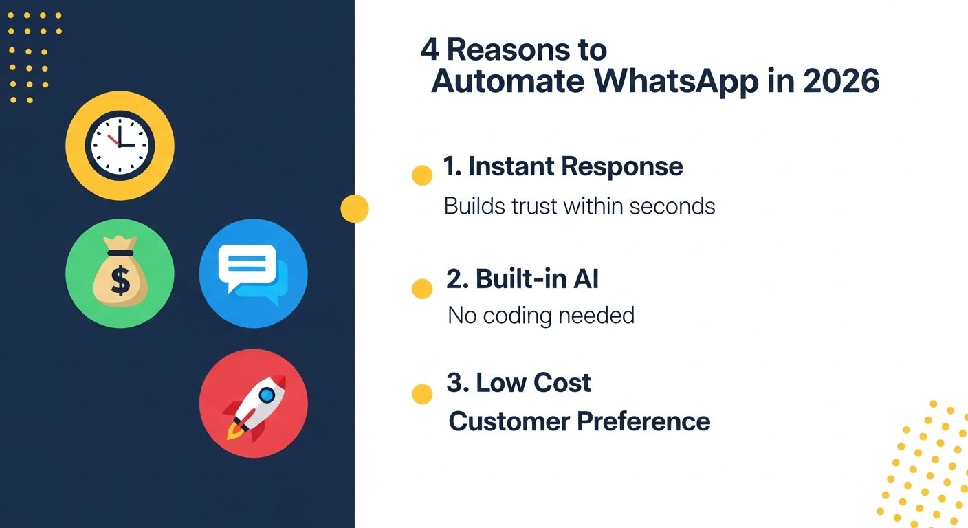 A modern list-based business infographic showing '4 Reasons to Automate WhatsApp in 2026'. Left side shows four colored circular icons: a clock, a money bag, a chat bubble, and a rocket. Right side shows bold headers like '1. Instant Response', '2. Built-in AI', '3. Low Cost', '4. Customer Preference'. Each header is followed by a single short line of highly legible text (e.g. 'Builds trust within seconds', 'No coding needed'). Clean minimal white background with deep navy blue and bright blue color scheme, and warm yellow accent dots.