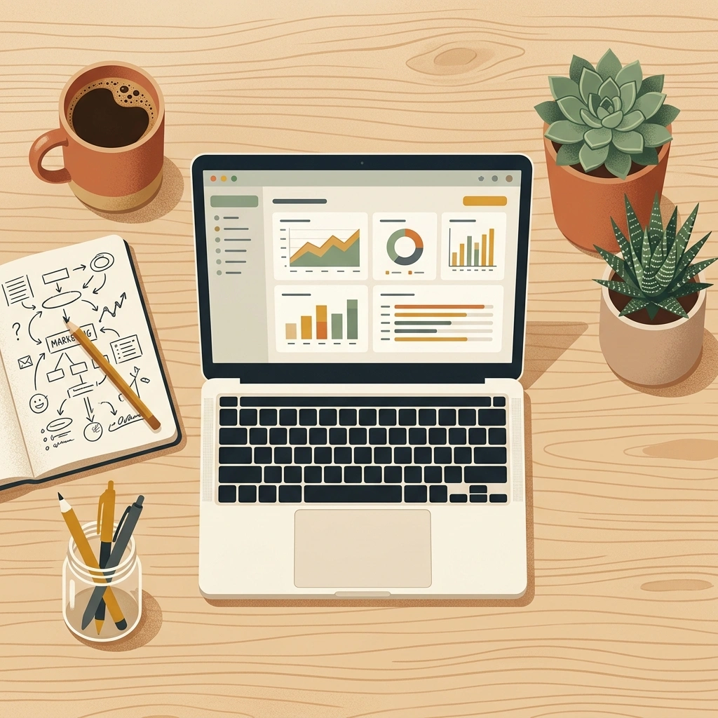 Editorial flatlay illustration of a modern creative marketing workspace with a laptop showing a clean marketing dashboard, surrounded by notebooks, coffee, and plants in warm natural tones.