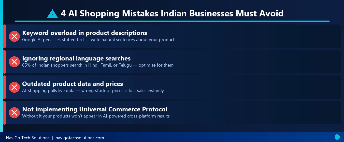 4 Google AI shopping mistakes Indian businesses must avoid 2026 - keyword stuffing, ignoring regional languages, outdated product data