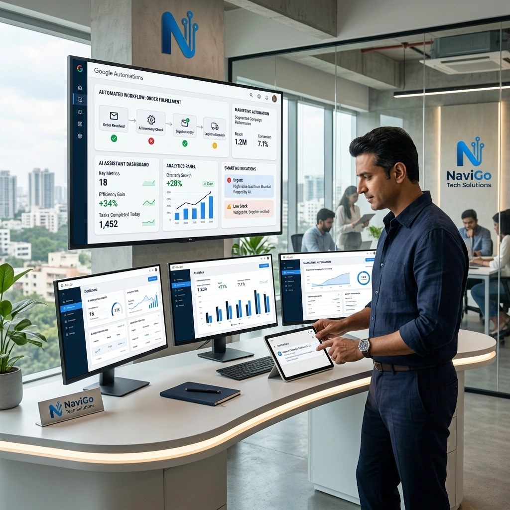 Editorial-style AI business automation scene depicting an Indian business owner interacting with Google AI systems across multiple dashboards in a modern Chennai startup setting.