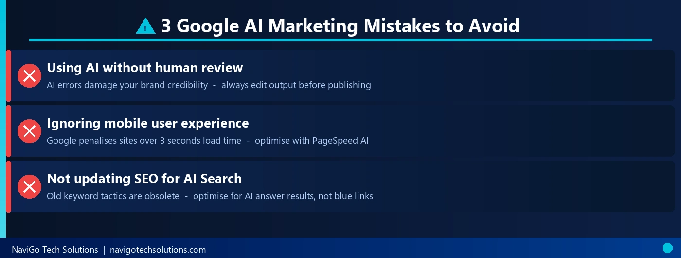 3 Google AI marketing mistakes to avoid 2026 - human review, mobile UX, SEO update
