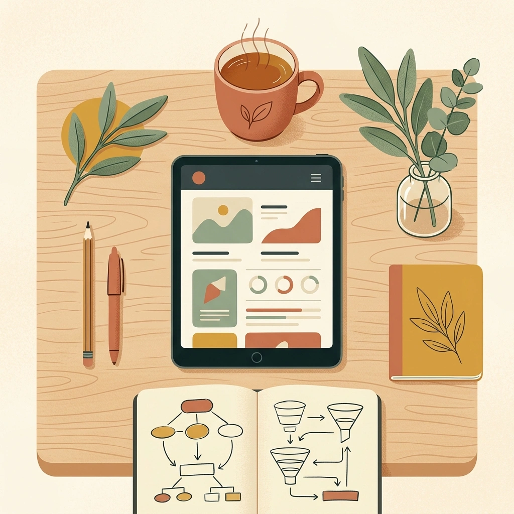 Editorial flatlay illustration of a modern creative workspace desk with a tablet showing app layouts and analytics metrics, surrounded by books and coffee.
