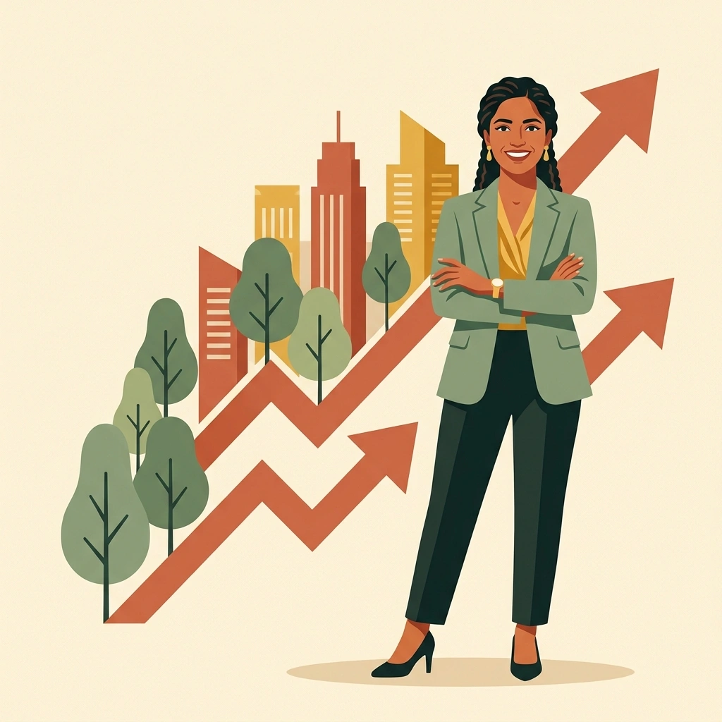 Editorial illustration showing an Indian entrepreneur with rising organic trees and buildings in muted tones representing local business marketing growth.
