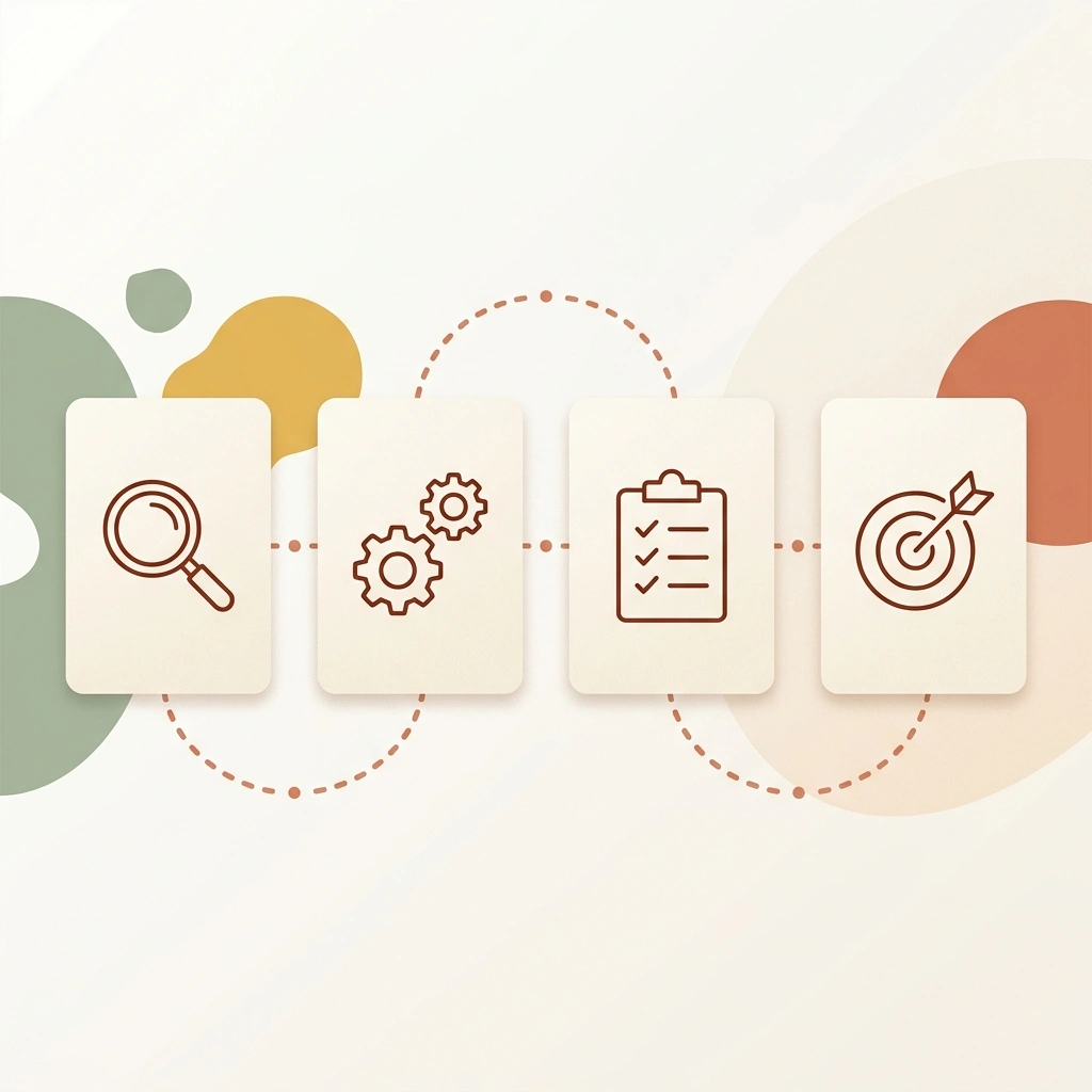 Sequence of step-by-step cream-colored card panels connected by terracotta lines, displaying simple minimal tools for Google iOS SEO optimization.