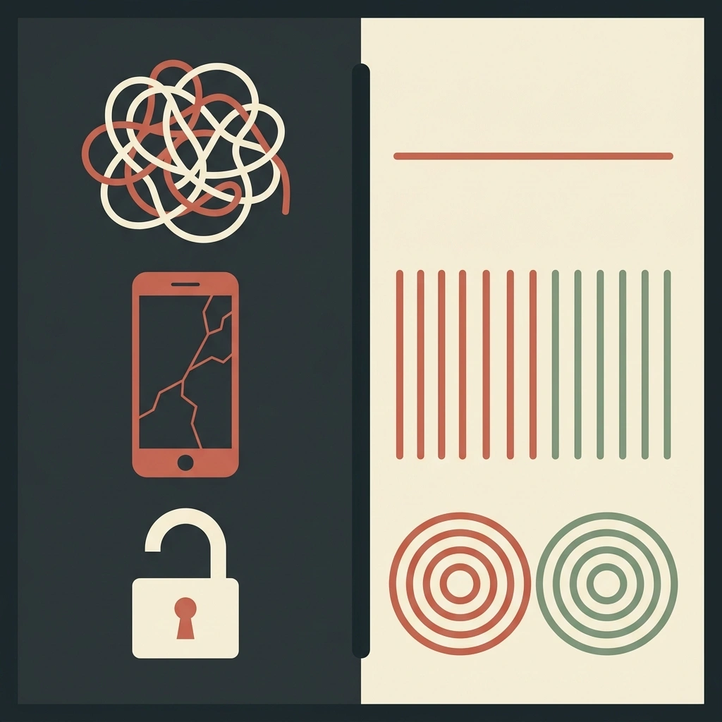 Bold warning graphic split panel featuring terracotta and cream elements illustrating a tangled wire and open lock metaphor for business marketing pitfalls.