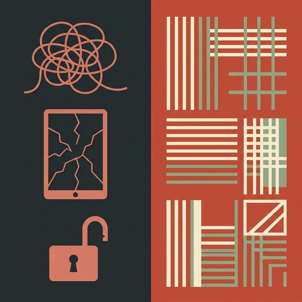 A high-contrast graphic warning panel in terracotta red and charcoal depicting key pitfalls like lack of strategy, over-automation, and unverified raw drafts.