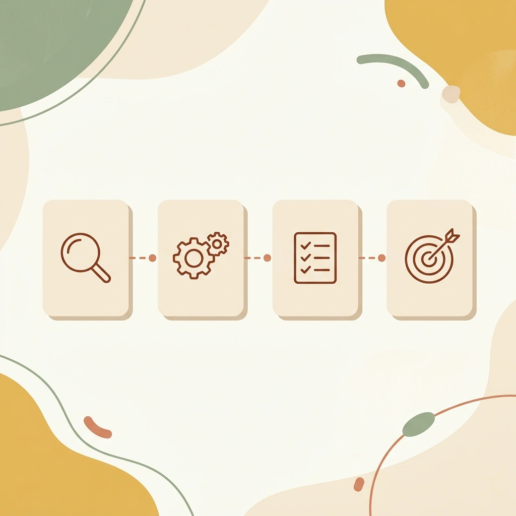 Instructional flowchart timeline detailing the step-by-step process of auditing workflows, integrating content tools, connecting SEO platforms, and deploying active customer support chatbots.