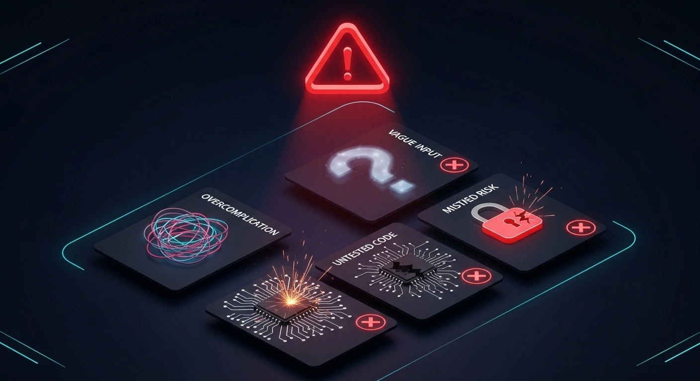 4 common AI coding tool mistakes India 2026 - warning illustration showing overcomplication, vague prompts, untested code, and security risks