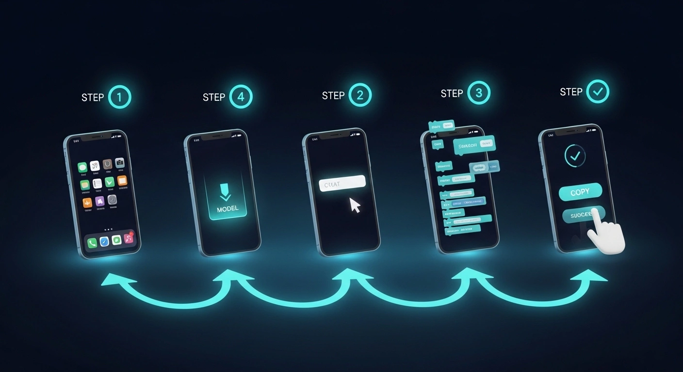 5 steps to use OpenAI Codex on phone - sequence of smartphones showing setup journey from app open to code copy