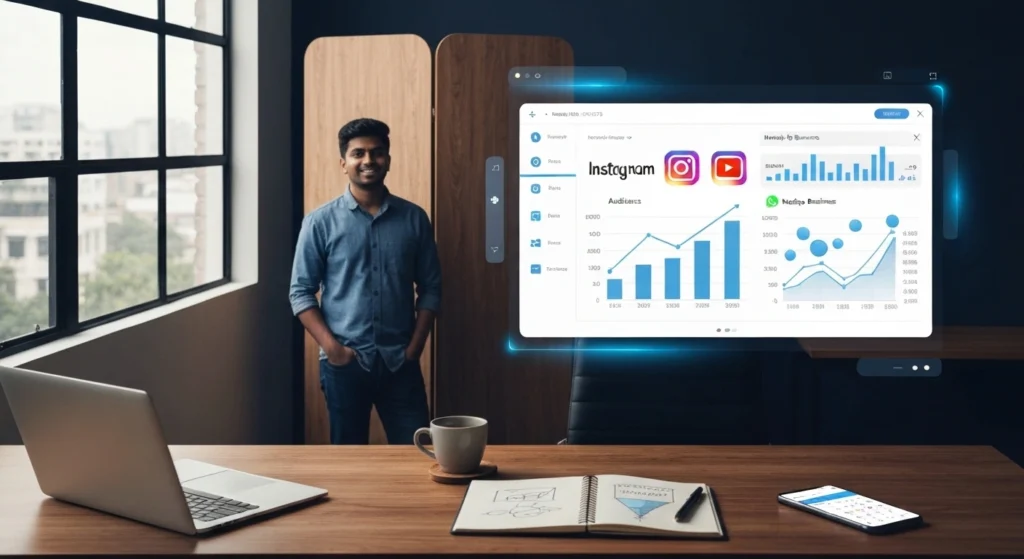 Premium editorial realistic startup documentary photograph showing an Indian marketing strategist with Google and social media analytics dashboards.