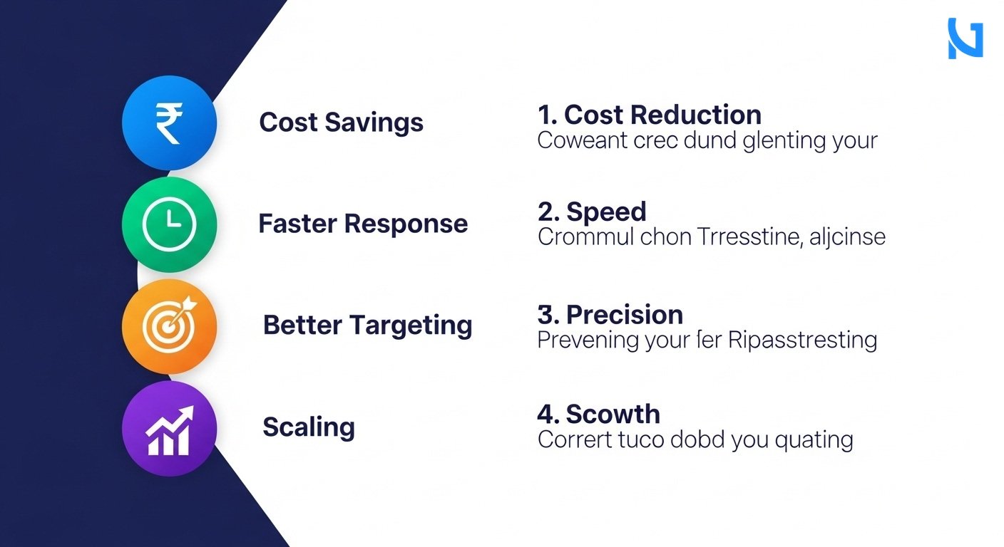 A modern list-based business infographic showing why AI agents matter. Left side shows colored circular icons for each point: blue rupee symbol for 'Cost Savings', green clock icon for 'Faster Response', orange target icon for 'Better Targeting', purple growth arrow for 'Scaling'. Right side shows bold, correctly spelled headers like '1. Cost Reduction', '2. Speed', '3. Precision', '4. Growth'. Each header is followed by a very short, clean text description, all on a clean minimal white background. Premium color scheme of deep navy blue, bright blue, and clean accents.