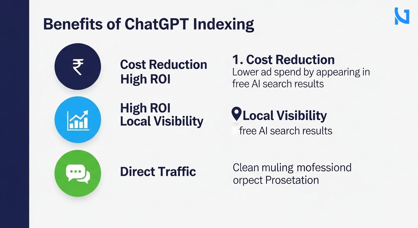 A modern list-based business infographic showing why ChatGPT indexing matters. Left side shows colored circular icons for each point: a rupee icon for 'Cost Reduction', a graph icon for 'High ROI', a location pin icon for 'Local Visibility', and a chat bubble icon for 'Direct Traffic'. Right side shows a bold, correctly spelled header like '1. Cost Reduction' followed by a short clean text description like 'Lower ad spend by appearing in free AI search results'. Premium color scheme of deep navy blue, bright blue, and clean green accent. Clean minimal white background.
