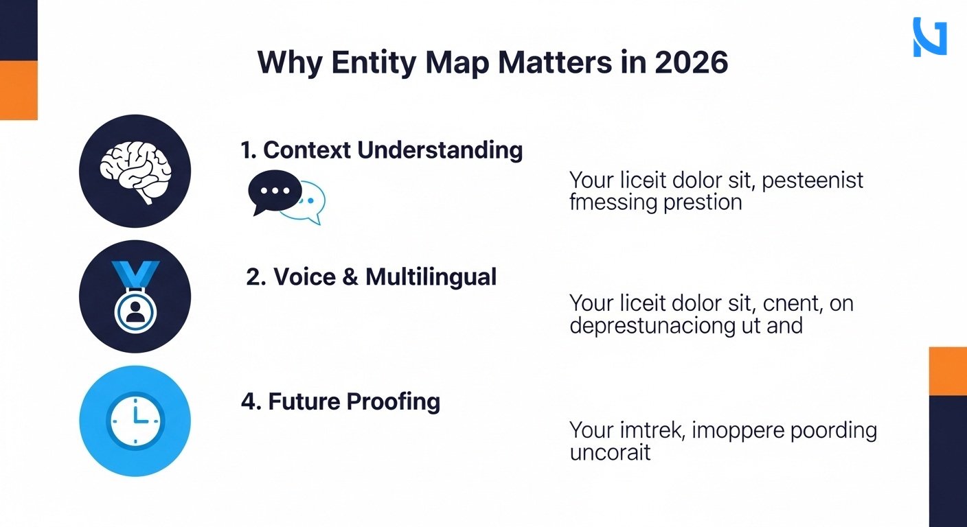 A modern list-based business infographic showing 'Why Entity Map Matters in 2026' with four points. Left side shows colored circular icons for each point: a brain icon for '1. Context Understanding', a speech bubble icon for '2. Voice & Multilingual', a medal icon for '3. Authority Over Time', and a clock icon for '4. Future Proofing'. Right side shows bold, correctly spelled headers like '1. Context Understanding' then a short clean text description. All on a clean minimal white background. Premium color scheme of deep navy blue, bright blue, and clean yellow accent.