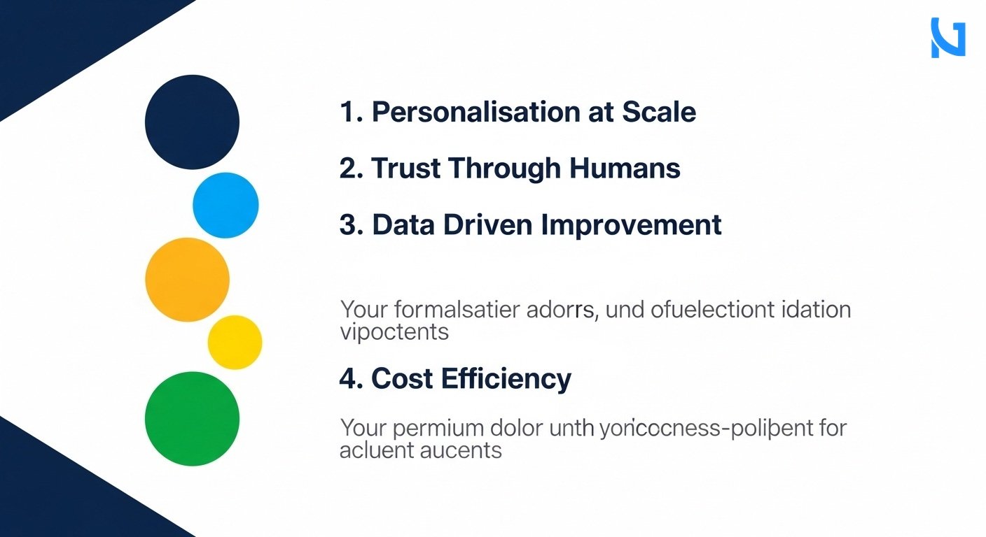A modern list-based business infographic showing why this hybrid model matters. Left side shows four colored circular icons in deep navy blue, bright blue, warm yellow, and green. Right side shows bold correctly spelled headers: '1. Personalisation at Scale', '2. Trust Through Humans', '3. Data Driven Improvement', '4. Cost Efficiency'. Below each header is a very short clean text description on a clean minimal white background. Premium colour scheme with deep navy blue, bright blue, and clean accents.