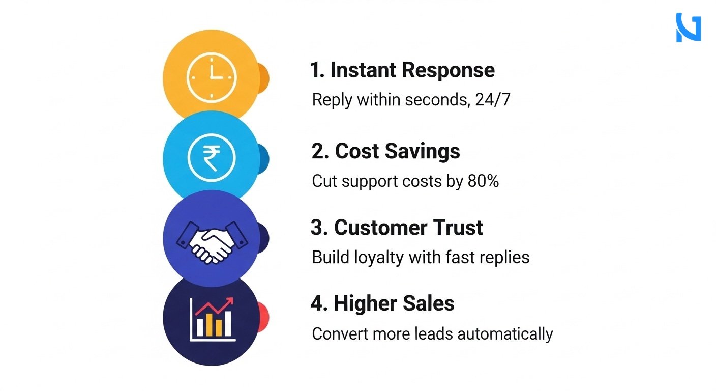 A modern list-based business infographic showing why this topic matters. Left side shows colored circular icons for each point: a clock icon for 'Instant Response', a rupee icon for 'Cost Savings', a handshake icon for 'Customer Trust', and a graph icon for 'Higher Sales'. Right side shows a bold, correctly spelled header like '1. Instant Response', '2. Cost Savings', '3. Customer Trust', '4. Higher Sales', followed by a very short, clean text description like 'Reply within seconds, 24/7', 'Cut support costs by 80%', 'Build loyalty with fast replies', 'Convert more leads automatically'. All on a clean minimal white background. Premium color scheme of deep navy blue, bright blue, and clean accents like warm yellow and green.