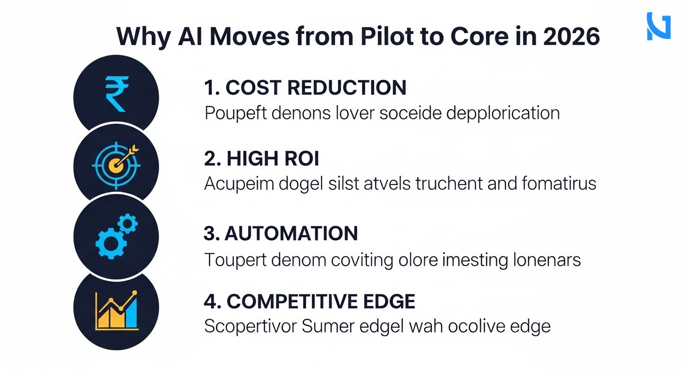 A modern list-based business infographic titled 'Why AI Moves from Pilot to Core in 2026'. Left side shows four colored circular icons: a rupee sign for Cost Reduction, a target for High ROI, a gear for Automation, and a graph for Competitive Edge. Right side shows bold headers '1. Cost Reduction', '2. High ROI', '3. Automation', '4. Competitive Edge', each followed by a one-line clean text description on a clean minimal white background. Premium color scheme of deep navy blue, bright blue, and warm yellow accents.