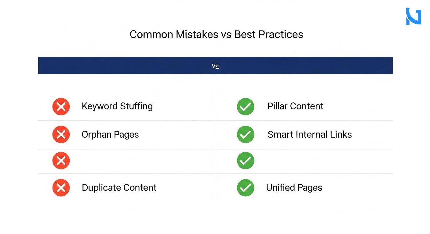 A professional 2-column comparison grid diagram showing 'Common Mistakes vs Best Practices'. Left column has red X icons and correctly spelled labels like 'Keyword Stuffing', 'Orphan Pages', 'Duplicate Content'. Right column has green checkmark icons and labels like 'Pillar Content', 'Smart Internal Links', 'Unified Pages'. Minimal modern flat design, highly spaced and legible text, clean white background, deep navy blue headers.