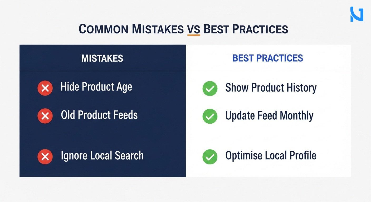 A professional 2-column comparison grid diagram showing Common Mistakes vs Best Practices. Left column titled 'Mistakes' with red X icons and correctly spelled labels like 'Hide Product Age', 'Old Product Feeds', 'Ignore Local Search'. Right column titled 'Best Practices' with green checkmark icons and labels like 'Show Product History', 'Update Feed Monthly', 'Optimise Local Profile'. Minimal modern flat design, highly spaced and legible text, clean white background.