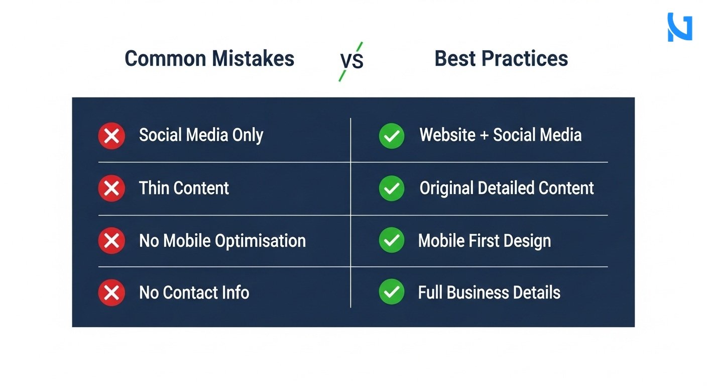 A professional 2-column comparison grid diagram showing Common Mistakes vs Best Practices. Left column has red X icons and correctly spelled labels like 'Social Media Only', 'Thin Content', 'No Mobile Optimisation', 'No Contact Info'. Right column has green checkmark icons and labels like 'Website + Social Media', 'Original Detailed Content', 'Mobile First Design', 'Full Business Details'. Minimal modern flat design, highly spaced and legible text, clean white background. Deep navy blue background for headers, white text, red and green accent icons.