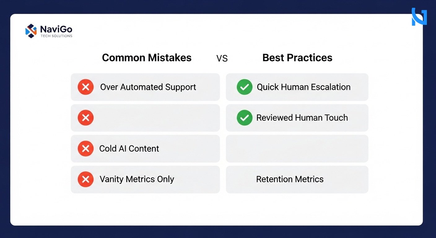 A professional 2-column comparison grid diagram showing Common Mistakes vs Best Practices. Left column has red X icons and correctly spelled labels like 'Over Automated Support', 'Cold AI Content', 'Vanity Metrics Only'. Right column has green checkmark icons and labels like 'Quick Human Escalation', 'Reviewed Human Touch', 'Retention Metrics'. Minimal modern flat design, highly spaced and legible text, clean white background.
