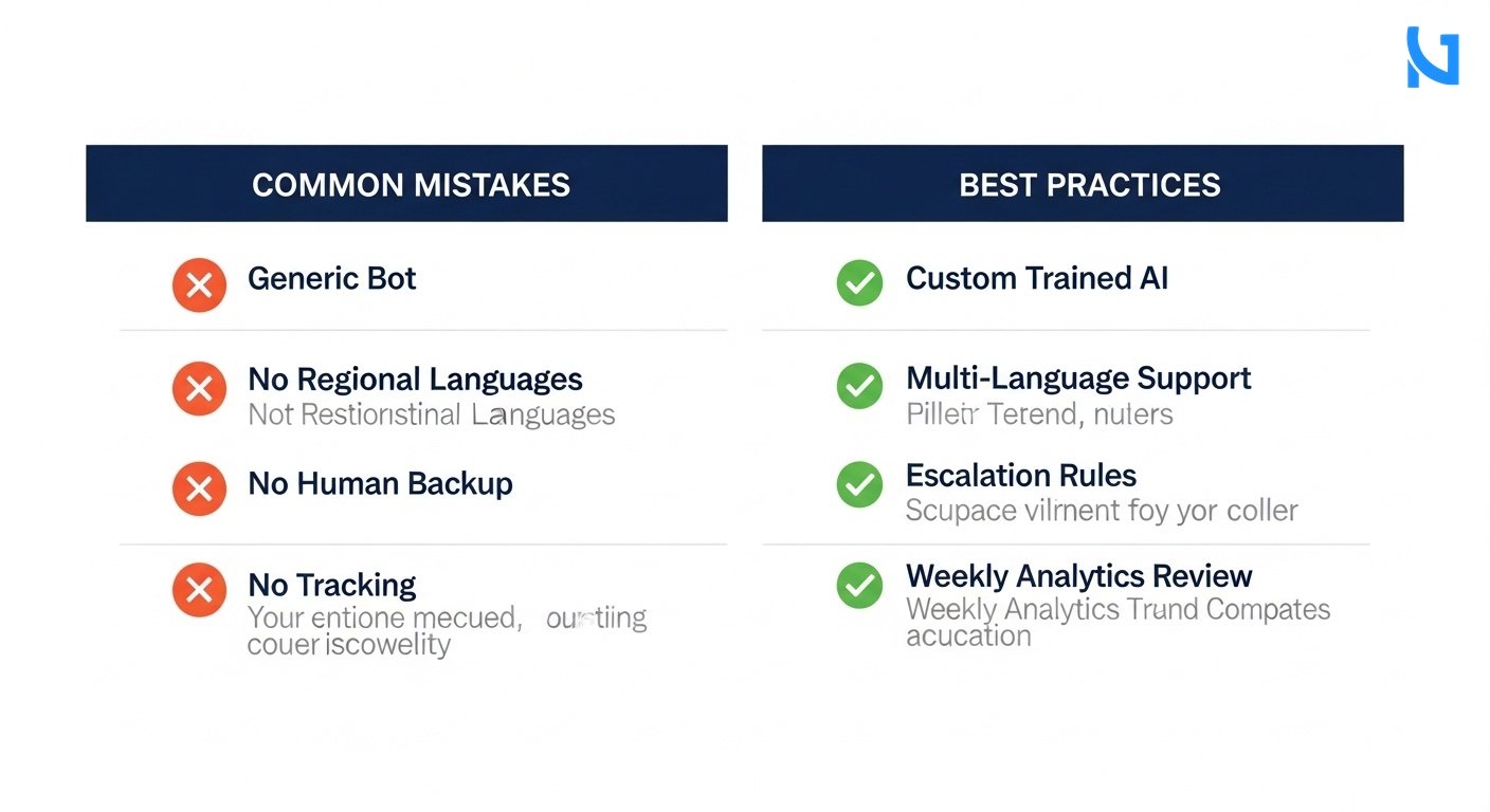 A professional 2-column comparison grid diagram showing Common Mistakes vs Best Practices. Left column has red X icons and correctly spelled labels like 'Generic Bot', 'No Regional Languages', 'No Human Backup', 'No Tracking'. Right column has green checkmark icons and labels like 'Custom Trained AI', 'Multi-Language Support', 'Escalation Rules', 'Weekly Analytics Review'. Below each label is a very short, clean text description in small font. Minimal modern flat design, highly spaced and legible text, clean white background. Colors: red for mistakes, green for best practices, deep navy blue headers.