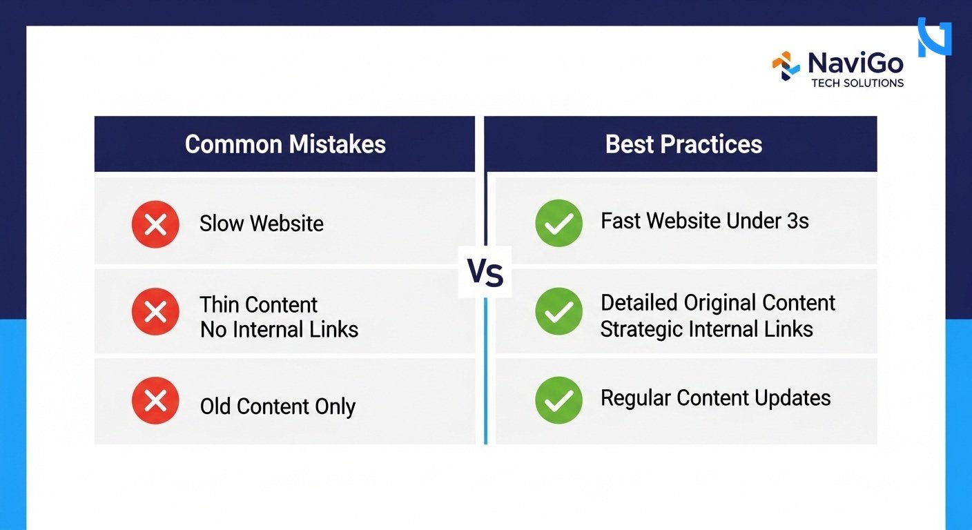 A professional 2-column comparison grid diagram showing Common Mistakes vs Best Practices. Left column has red X icons and correctly spelled labels like 'Slow Website', 'Thin Content', 'No Internal Links', 'Old Content Only'. Right column has green checkmark icons and labels like 'Fast Website Under 3s', 'Detailed Original Content', 'Strategic Internal Links', 'Regular Content Updates'. Clean minimal modern flat design, highly spaced and legible typography, clean white background with deep navy blue headers and bright blue accent lines.