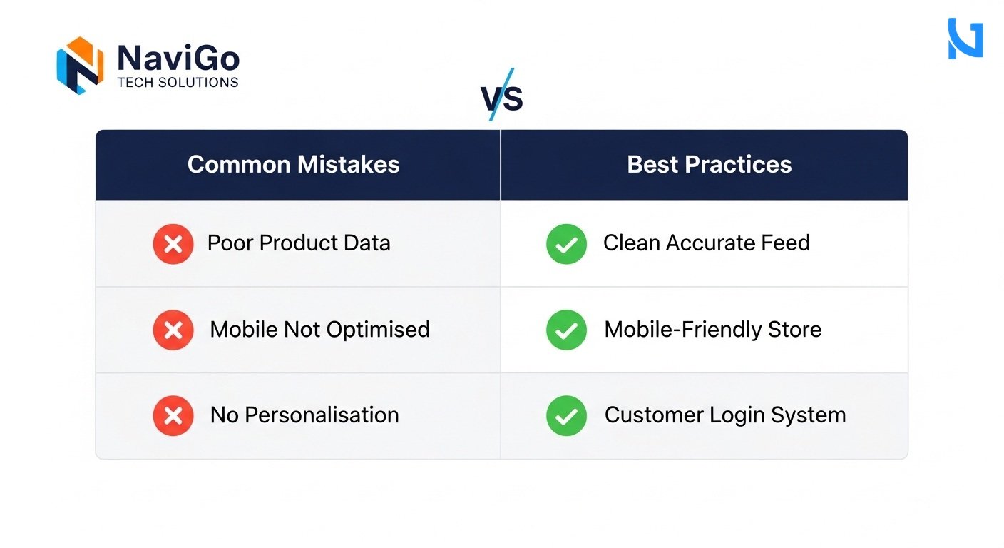 A professional 2-column comparison grid diagram showing Common Mistakes vs Best Practices. Left column has red X icons and correctly spelled labels like 'Poor Product Data', 'Mobile Not Optimised', 'No Personalisation'. Right column has green checkmark icons and labels like 'Clean Accurate Feed', 'Mobile-Friendly Store', 'Customer Login System'. Minimal modern flat design, highly spaced and legible text, clean white background.