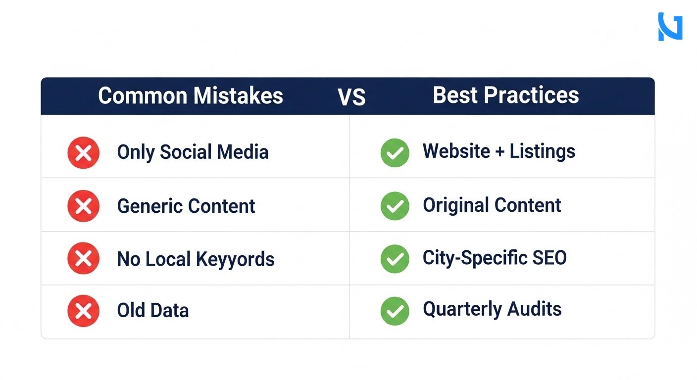 A professional 2-column comparison grid diagram showing Common Mistakes vs Best Practices. Left column has red X icons and labels like 'Only Social Media', 'Generic Content', 'No Local Keywords', 'Old Data'. Right column has green checkmark icons and labels like 'Website + Listings', 'Original Content', 'City-Specific SEO', 'Quarterly Audits'. Minimal modern flat design, highly spaced and legible text, clean white background.