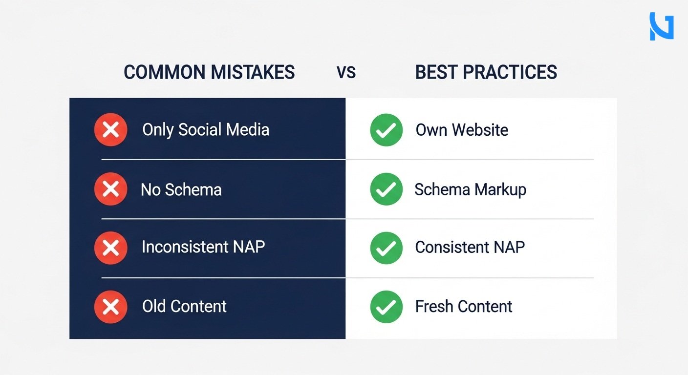 A professional 2-column comparison grid diagram showing Common Mistakes vs Best Practices. Left column has red X icons with correctly spelled labels like 'Only Social Media', 'No Schema', 'Inconsistent NAP', 'Old Content'. Right column has green checkmark icons with labels like 'Own Website', 'Schema Markup', 'Consistent NAP', 'Fresh Content'. Minimal modern flat design, highly spaced and legible text, clean white background. Premium color scheme.