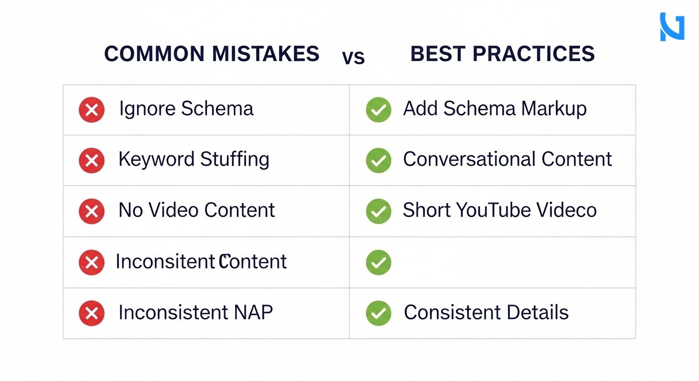 A professional 2-column comparison grid showing 'Common Mistakes' vs 'Best Practices'. Left column has red X icons with labels: 'Ignore Schema', 'Keyword Stuffing', 'No Video Content', 'Inconsistent NAP'. Right column has green checkmark icons with labels: 'Add Schema Markup', 'Conversational Content', 'Short YouTube Videos', 'Consistent Details'. Minimal flat modern design with highly legible bold text on clean white background. Navy blue, bright blue, red and green accent colors.