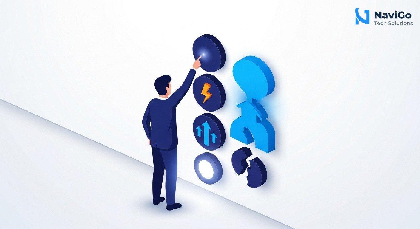 A clean modern business infographic with 5 coloured circular icons in a vertical list. Each icon has a short bold label: '1. Cost Reduction', '2. Speed', '3. Scale', '4. Skills Gap', '5. Early Adoption'. Next to each icon is a single short line of text in deep navy and bright blue on a white background. The overall style is minimal and professional.