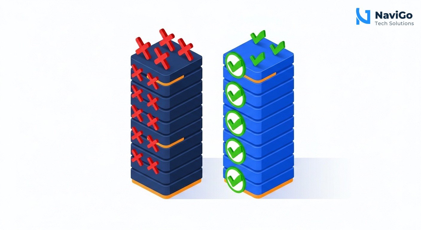 A clean 2-column comparison grid with a minimal flat design. Left column shows a red X icon per row with labels 'Expect Perfection', 'Remove Human Oversight', 'Ignore Local Language', 'Choose Cheapest Tool'. Right column shows a green checkmark icon per row with labels 'Allow Learning Time', 'Keep Weekly Reviews', 'Support Indian Languages', 'Invest in Proper Platform'. Text is in deep navy and bright blue on a white background. Highly spaced and legible.