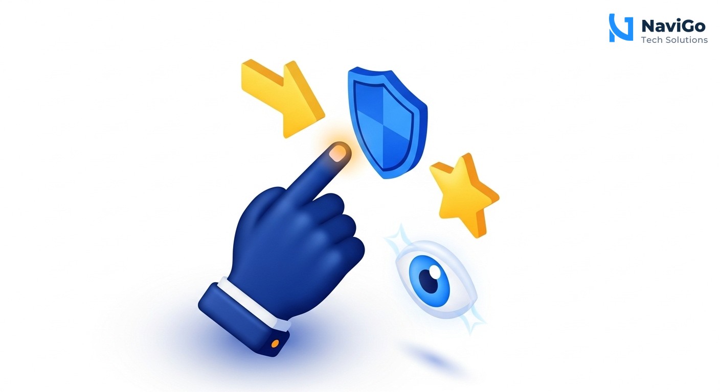 A modern list-based business infographic showing four reasons why AI brand visibility matters. Left side shows small colored circular icons in deep navy blue, bright blue, and warm yellow. Right side shows bold headers: '1. Traffic Growth', '2. Consumer Trust', '3. Primary Search', '4. AI Reputation'. Below each header is a very short clean text line, all on a clean minimal white background.