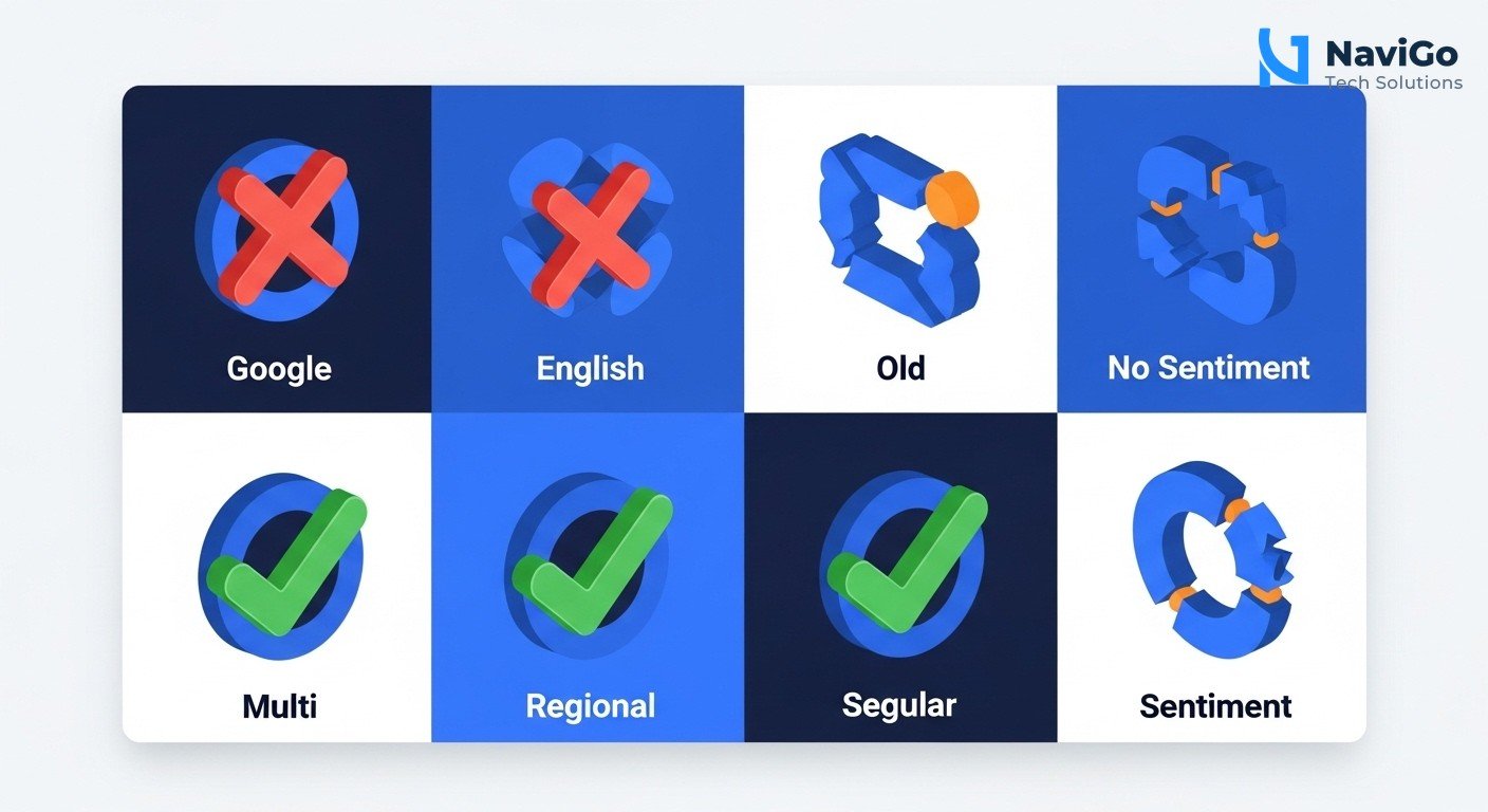 A professional 2-column comparison grid diagram showing Common Mistakes vs Best Practices. Left column has red X icons and correctly spelled labels like 'Google Only', 'English Content', 'Old Posts', 'No Sentiment Check'. Right column has green checkmark icons and labels like 'Multi-Platform Track', 'Regional Language', 'Regular Updates', 'Sentiment Monitor'. Minimal modern flat design on a clean white background with deep navy blue headers.