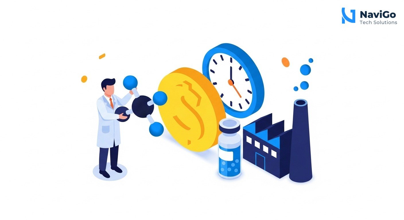 A modern list-based business infographic showing 4 reasons why AI chemist matters for Indian pharma. Left side shows colored circular icons for each point: dollar sign icon, clock icon, molecule icon, factory icon. Right side shows bold, correctly spelled headers: '1. Cost Reduction', '2. Speed to Market', '3. Drug Success Rate', '4. API Self-Reliance'. Below each header is a very short, clean text description, all on a clean minimal white background. Premium color scheme of deep navy blue, bright blue, and clean yellow accents.