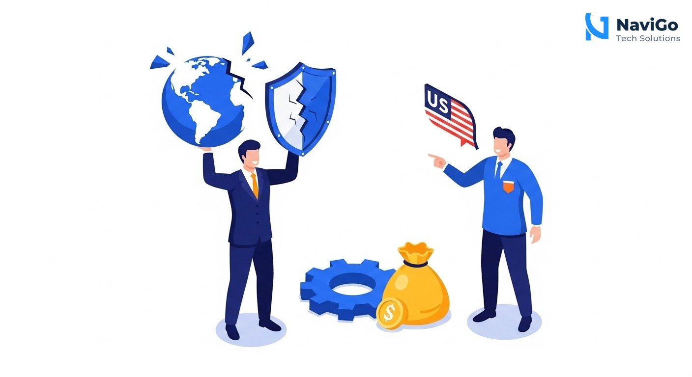 A vertical list infographic titled 'Why the Fable 5 Ban Matters for Indian Marketers'. Left side shows 5 circular icons: globe (Global Reach), money bag (Cost), shield (Data Privacy), gear (Automation), graph (Competitive Edge). Right side shows bold headers: '1. Lost Access to Top AI', '2. Higher Costs for Alternatives', '3. Data Stays in India', '4. Local Models Perform Better', '5. US Competitors Gain Advantage'. All text correctly spelled. Clean white background. Deep navy blue and bright blue with yellow and green accent icons.